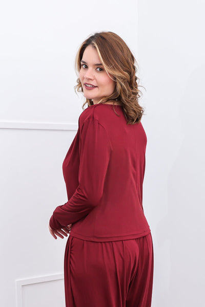 Blusa Jasmine - Manga Longa com Decote Drapeado em Malha Confort - Naguirre Shop