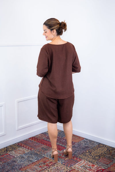 Conjunto Dulce – Blusa Oversized e Bermuda com Bolsos em Linho Light - Naguirre Shop
