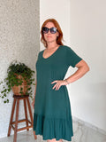 Vestido com Babado Gola V e Manga Curta Verona