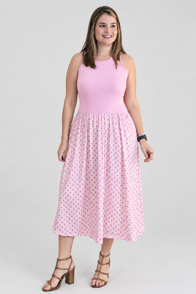 Vestido Paris Midi Regata com Saia Ampla em Poá – Estilo Parisiense