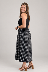 Vestido Paris Midi Regata com Saia Ampla em Poá – Estilo Parisiense
