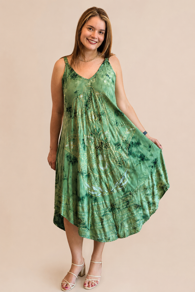 Vestido Fluido em Viscose Natural Evasê com Alças Marrocos Estampados