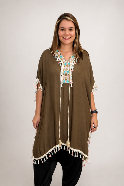 Túnica Longa Boho em Viscose 100% Natural com Bordados Oásis