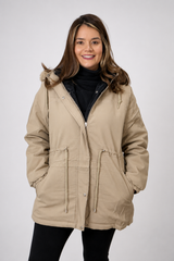 Parka que vira Casaco Puffer em Sarja Premium com Bolsos e Capuz Oversized