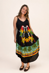 Vestido Fluido em Viscose Natural Evasê com Alças Marrocos Estampados