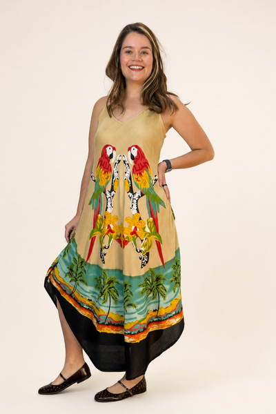 Vestido Fluido em Viscose Natural Evasê com Alças Marrocos Estampados