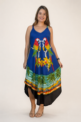 Vestido Fluido em Viscose Natural Evasê com Alças Marrocos Estampados