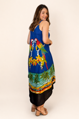 Vestido Fluido em Viscose Natural Evasê com Alças Marrocos Estampados