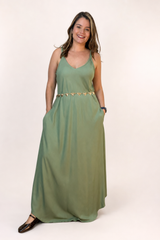 Vestido Fluido em Viscose Natural Evasê com Alças Marrocos Liso
