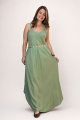 Vestido Fluido em Viscose Natural Evasê com Alças Marrocos Liso