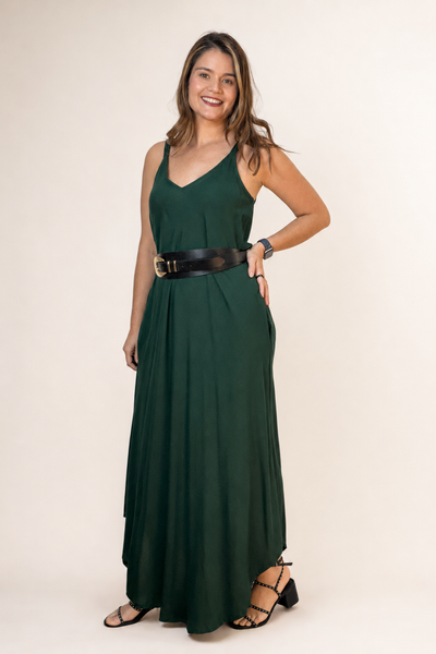 Vestido Fluido em Viscose Natural Evasê com Alças Marrocos Liso