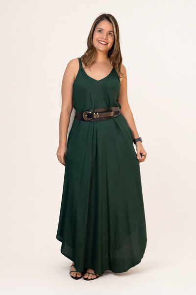 Vestido Fluido em Viscose Natural Evasê com Alças Marrocos Liso