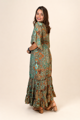 Vestido Longo Estilo Boho Manga 3/4 em Toque Seda Light Acabamento Premium Shanti