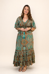 Vestido Longo Estilo Boho Manga 3/4 em Toque Seda Light Acabamento Premium Shanti