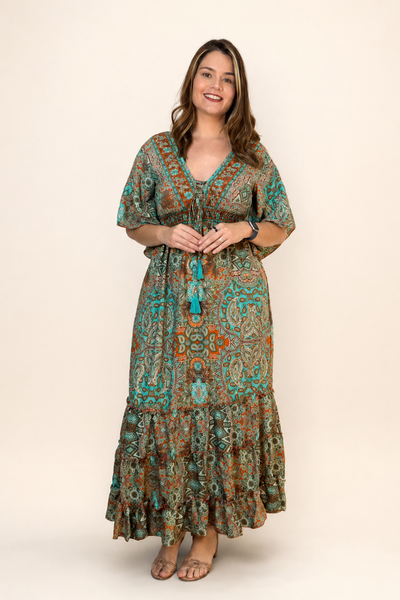 Vestido Longo Estilo Boho Manga 3/4 em Toque Seda Light Acabamento Premium Shanti