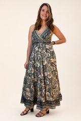 Vestido Decote V com Lastex nas Costas Longo Toque Seda Light Estilo Boho Laila