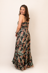 Vestido Decote V com Lastex nas Costas Longo Toque Seda Light Estilo Boho Laila