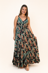 Vestido Decote V com Lastex nas Costas Longo Toque Seda Light Estilo Boho Laila