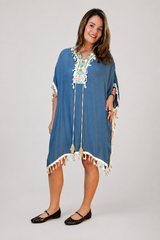 Túnica Longa Boho em Viscose 100% Natural com Bordados Oásis