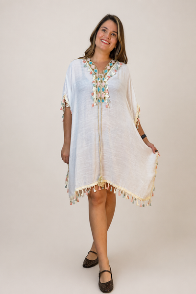 Túnica Longa Boho em Viscose 100% Natural com Bordados Oásis