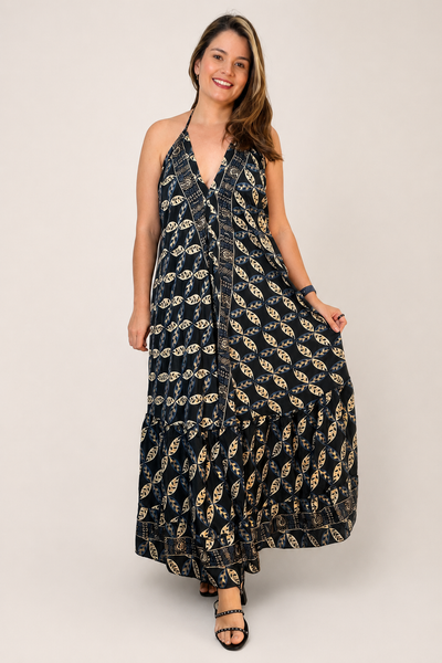 Vestido Estilo Boho Chic Toque Seda Light Evasê com Decote nas Costas Amira