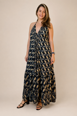Vestido Estilo Boho Chic Toque Seda Light Evasê com Decote nas Costas Amira