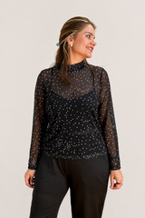 Blusa Maitê em Tule Poá Segunda Pele Manga Longa – Moda Italiana