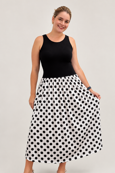 Vestido Paris Midi Regata com Saia Ampla em Poá - Estilo Parisiense