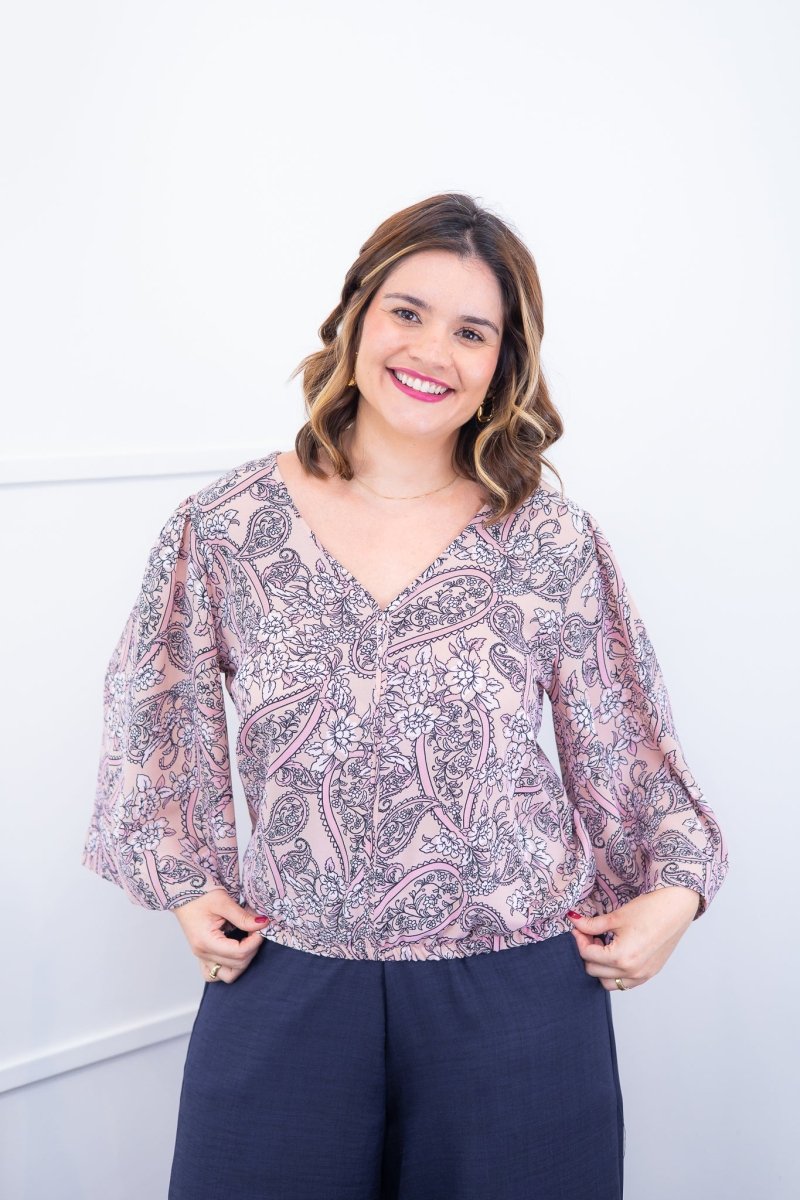 Blusa Bela - Manga Flare com Decote V em Crepe - Naguirre Shop