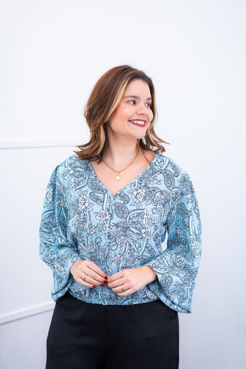 Blusa Bela - Manga Flare com Decote V em Crepe - Naguirre Shop