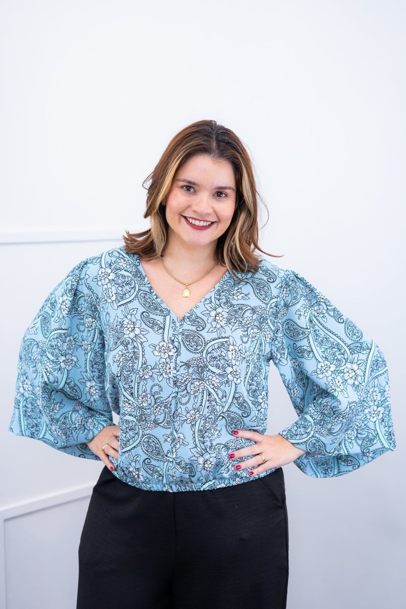 Blusa Bela - Manga Flare com Decote V em Crepe - Naguirre Shop