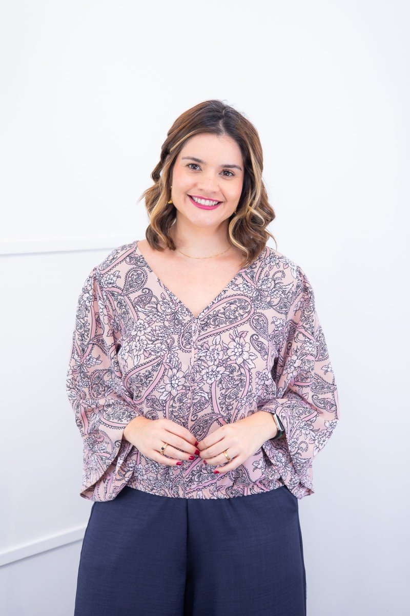 Blusa Bela - Manga Flare com Decote V em Crepe - Naguirre Shop