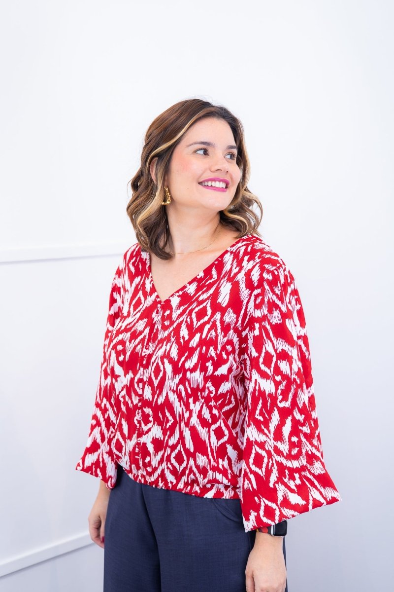 Blusa Bela - Manga Flare com Decote V em Crepe - Naguirre Shop