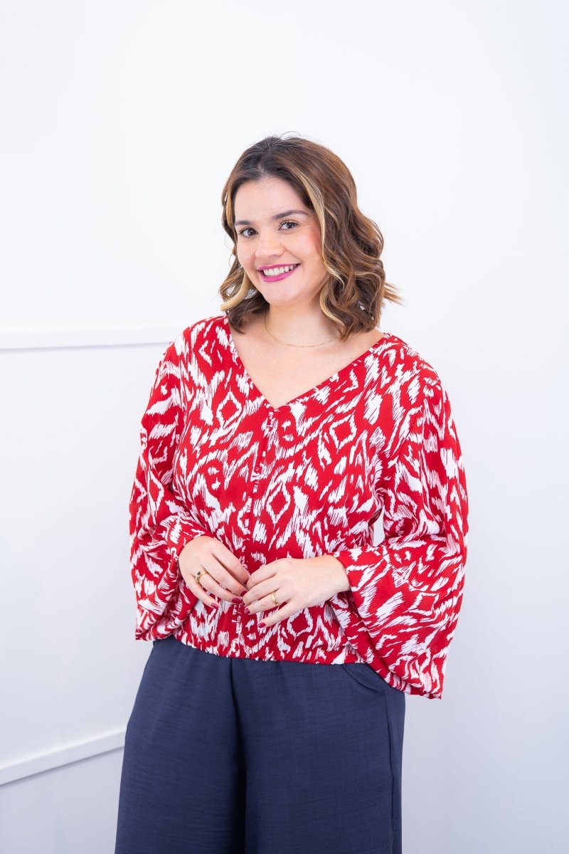 Blusa Bela - Manga Flare com Decote V em Crepe - Naguirre Shop