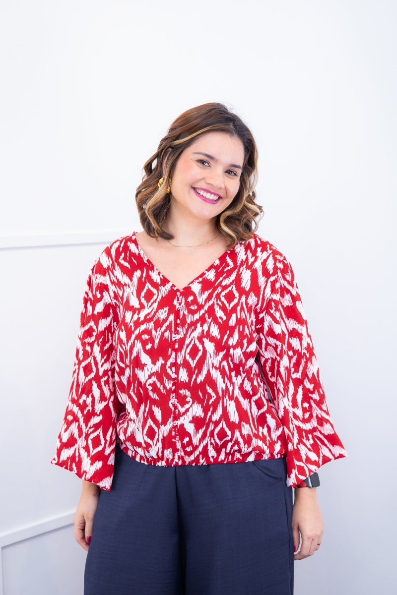 Blusa Bela - Manga Flare com Decote V em Crepe - Naguirre Shop