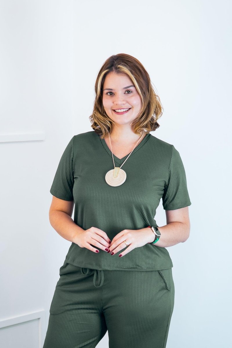 Blusa Fernanda - Gola V em Malha Canelada - Naguirre Shop