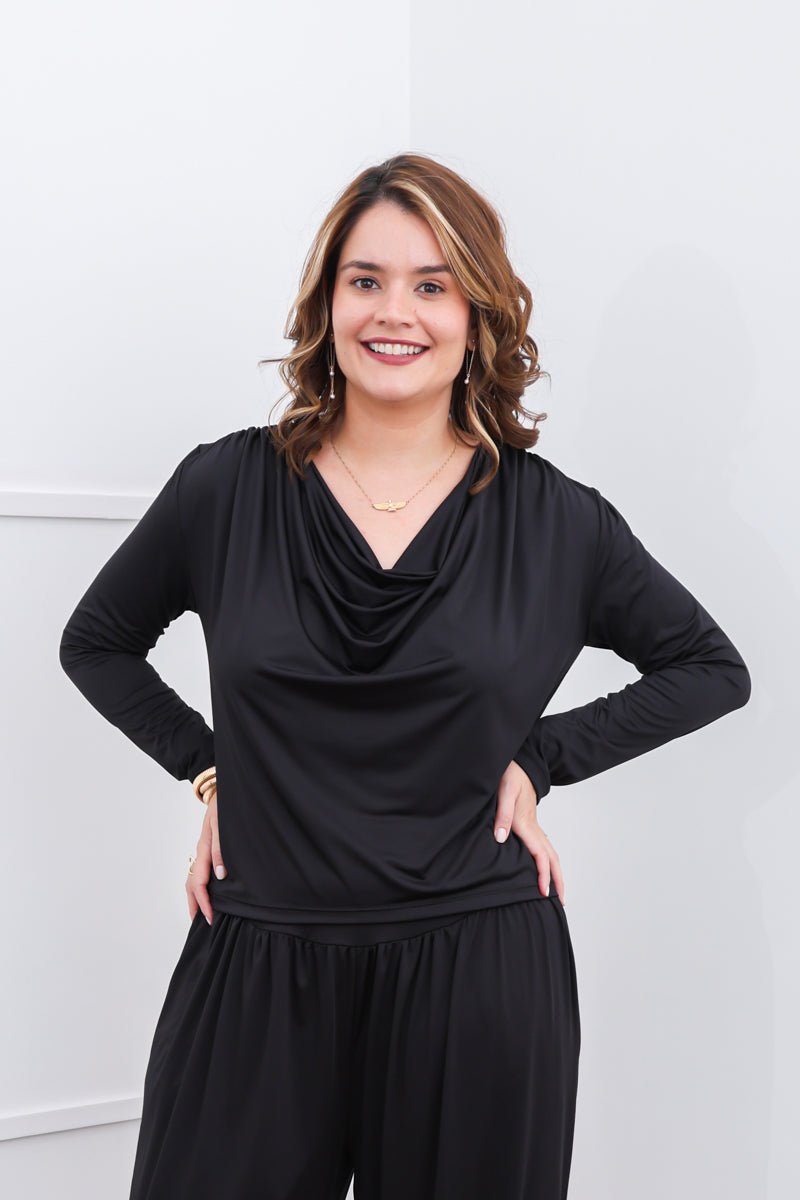 Blusa Jasmine - Manga Longa com Decote Drapeado em Malha Confort - Naguirre Shop