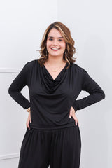 Blusa Jasmine - Manga Longa com Decote Drapeado em Malha Confort - Naguirre Shop