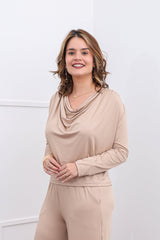 Blusa Jasmine - Manga Longa com Decote Drapeado em Malha Confort - Naguirre Shop