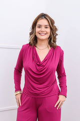 Blusa Jasmine - Manga Longa com Decote Drapeado em Malha Confort - Naguirre Shop
