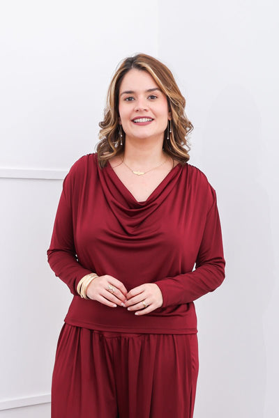 Blusa Jasmine - Manga Longa com Decote Drapeado em Malha Confort - Naguirre Shop