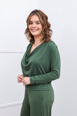 Blusa Jasmine - Manga Longa com Decote Drapeado em Malha Confort - Naguirre Shop