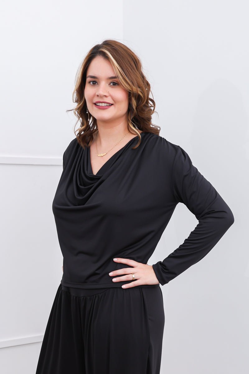 Blusa Jasmine - Manga Longa com Decote Drapeado em Malha Confort - Naguirre Shop