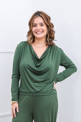 Blusa Jasmine - Manga Longa com Decote Drapeado em Malha Confort - Naguirre Shop