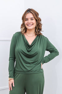 Blusa Jasmine - Manga Longa com Decote Drapeado em Malha Confort - Naguirre Shop