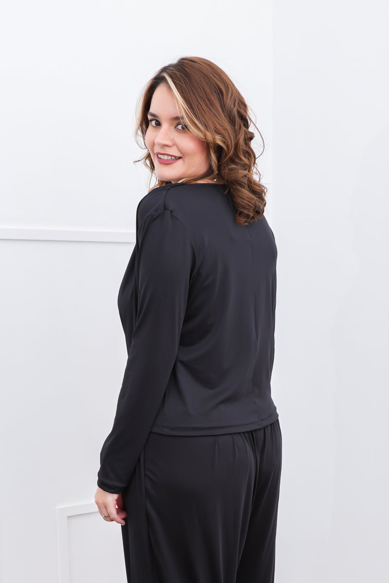 Blusa Jasmine - Manga Longa com Decote Drapeado em Malha Confort - Naguirre Shop