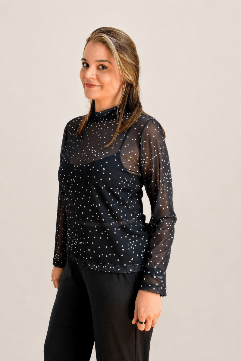 Blusa Maitê em Tule Poá Segunda Pele Manga Longa – Moda Italiana - Naguirre Shop