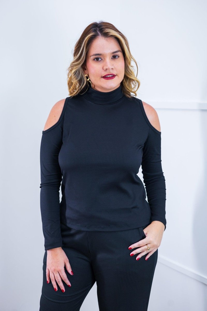Blusa Malha Canelada com Recortes nos Ombros - Amelie - Naguirre Shop