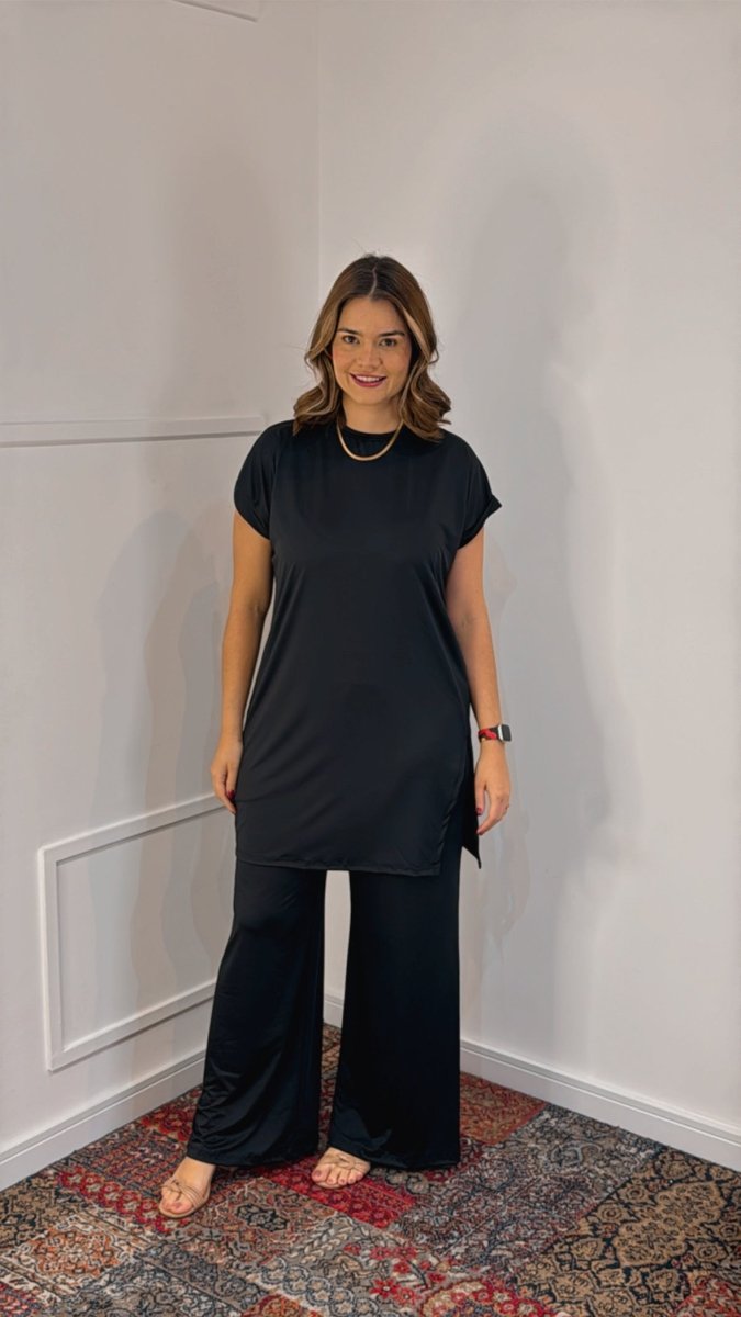 Conjunto Califórnia - Túnica Longa com Fenda Lateral e Calça Pantalona em Malha Confort - Naguirre Shop