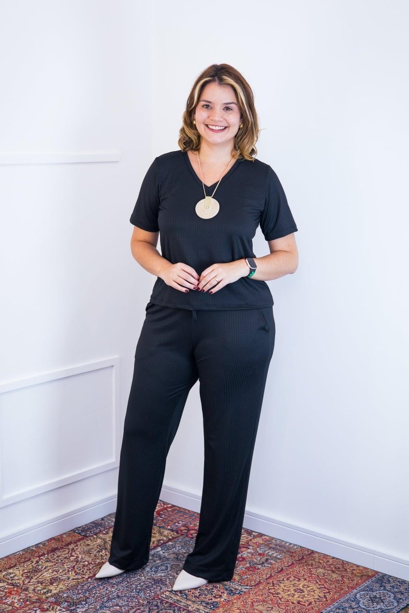 Conjunto Patrícia - Malha Canelada Gola V Pantalona - Naguirre Shop